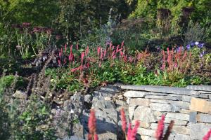 Stone wall, natural bedrock and planting