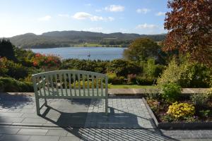 Garden patio with local slate paving overlooking Windermere